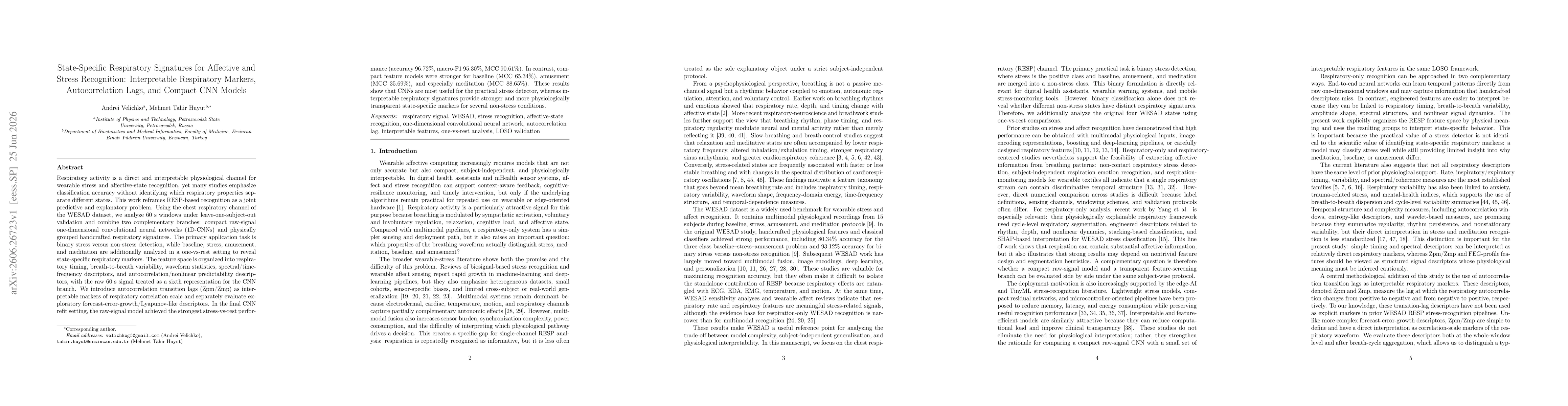 Thumbnail for State-Specific Respiratory Signatures for Affective and Stress Recognition: Interpretable Respiratory Markers, Autocorrelation Lags, and Compact CNN Models