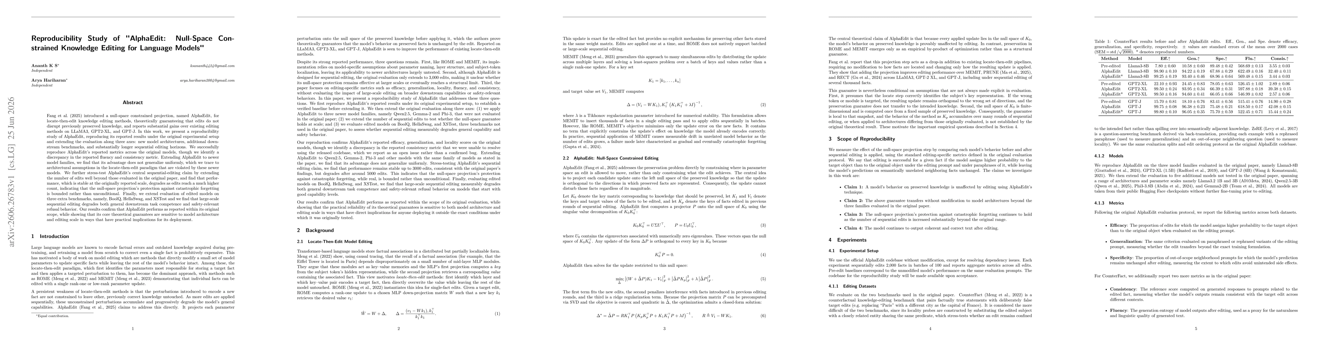 Thumbnail for Reproducibility Study of "AlphaEdit: Null-Space Constrained Knowledge Editing for Language Models"