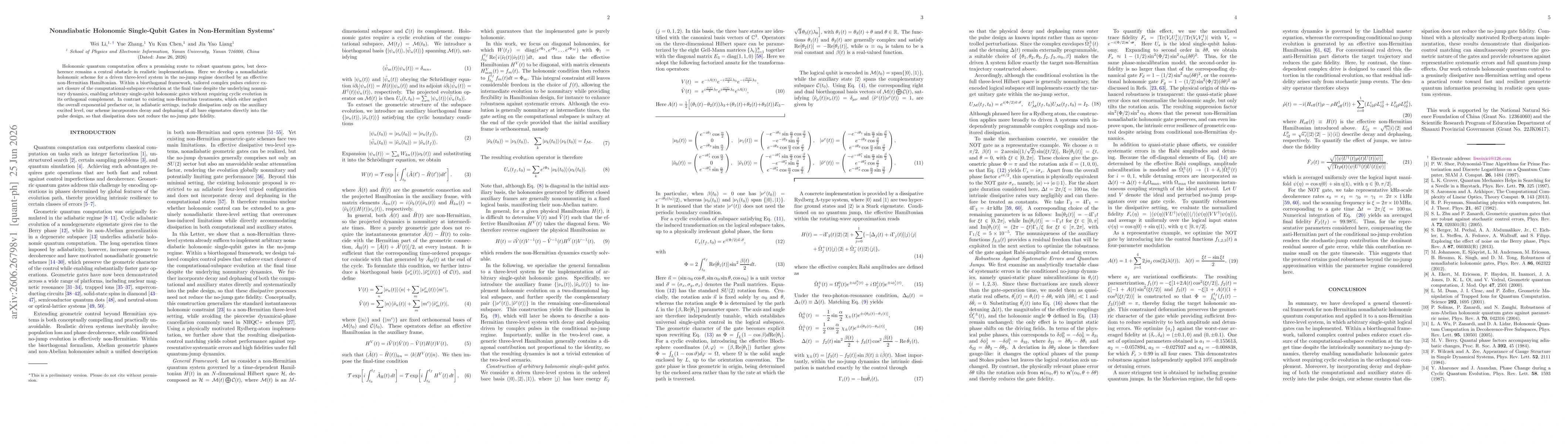 Thumbnail for Nonadiabatic Holonomic Single-Qubit Gates in Non-Hermitian Systems