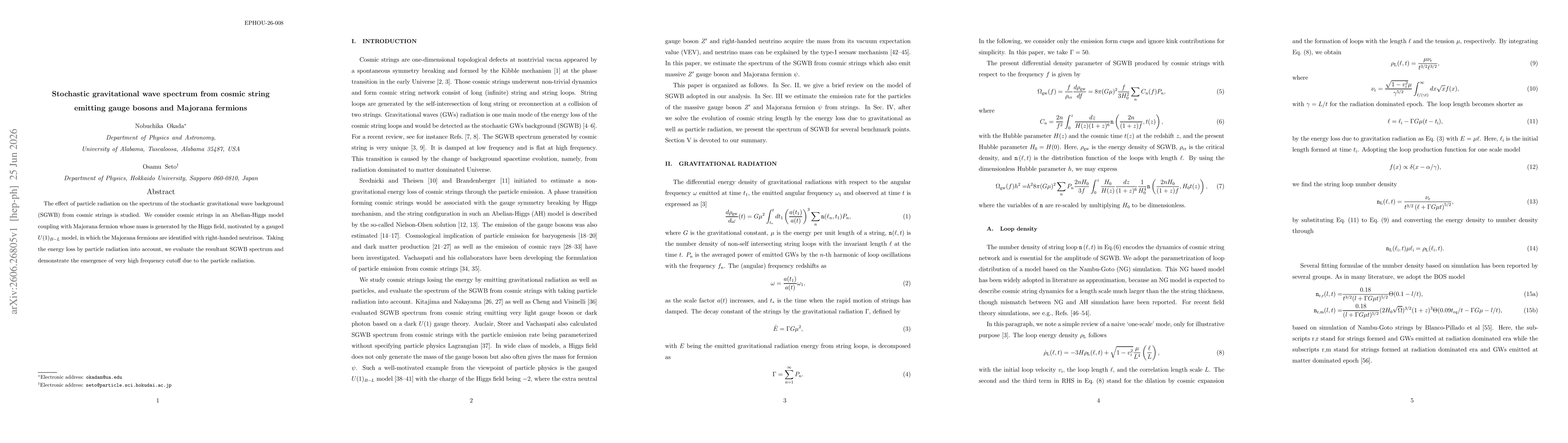 Thumbnail for Stochastic gravitational wave spectrum from cosmic string emitting gauge bosons and Majorana fermions