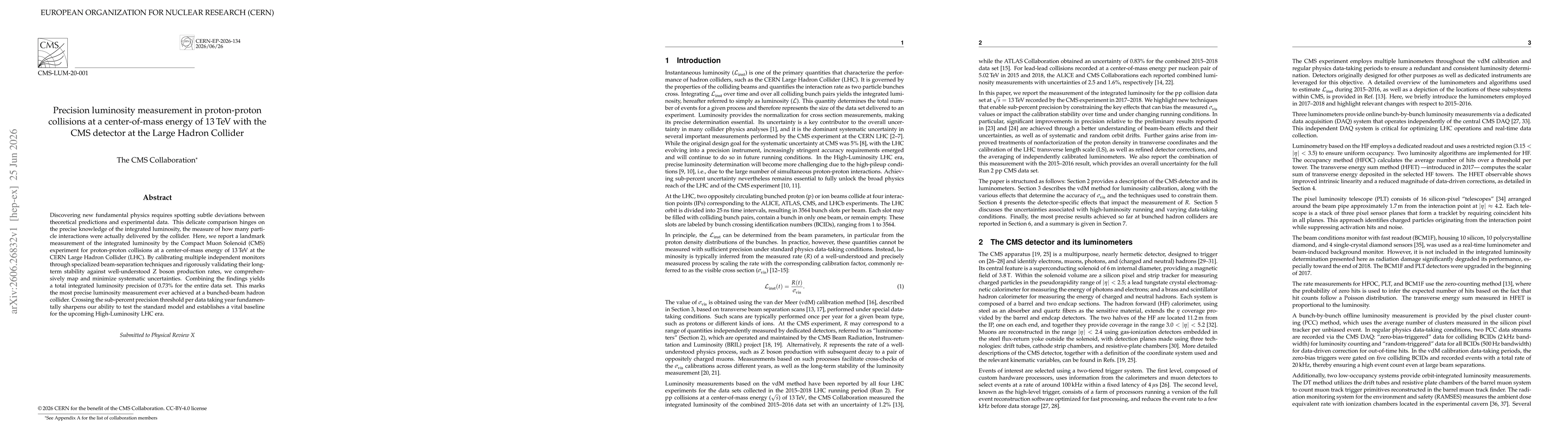 Thumbnail for Precision luminosity measurement in proton-proton collisions at a center-of-mass energy of 13 TeV with the CMS detector at the Large Hadron Collider