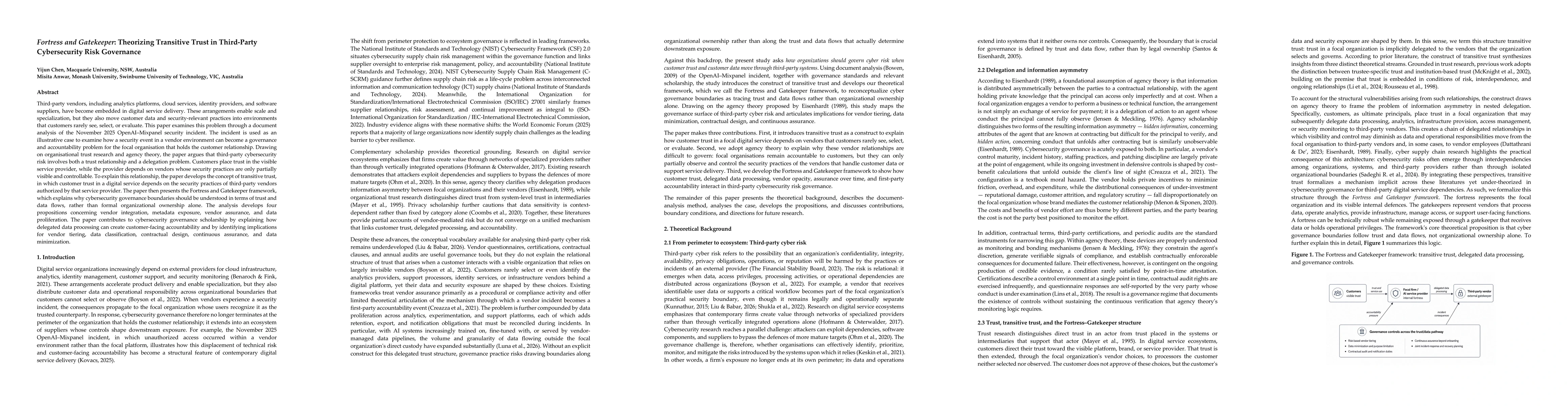 Thumbnail for Fortress and Gatekeeper: Theorizing Transitive Trust in Third-Party Cybersecurity Risk Governance