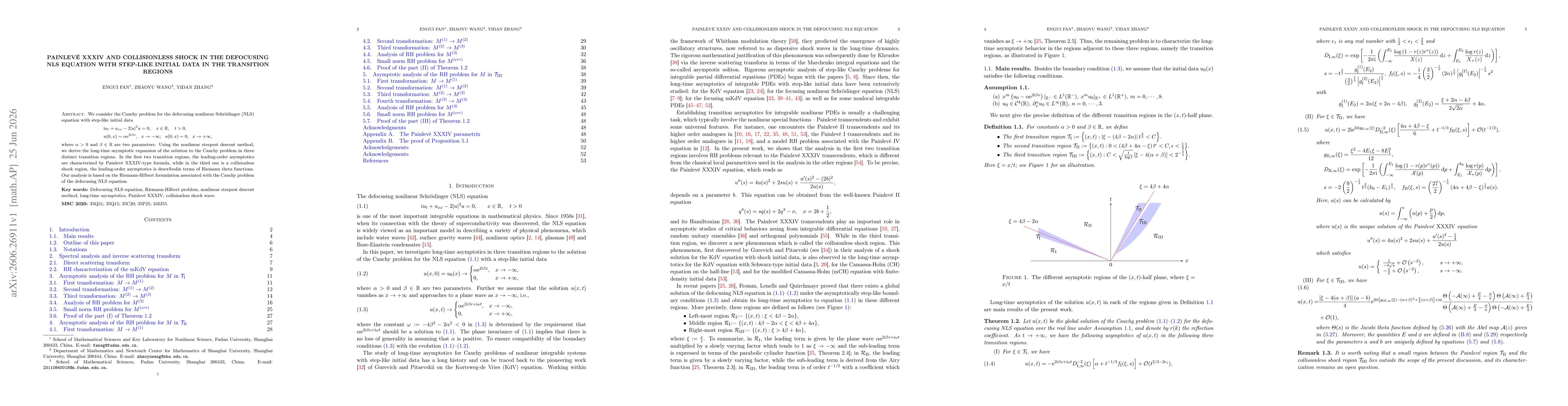 Thumbnail for Painlevé \uppercase\expandafter{\romannumeral34\relax} and collisionless shock in the defocusing NLS equation with step-like initial data in the transition regions