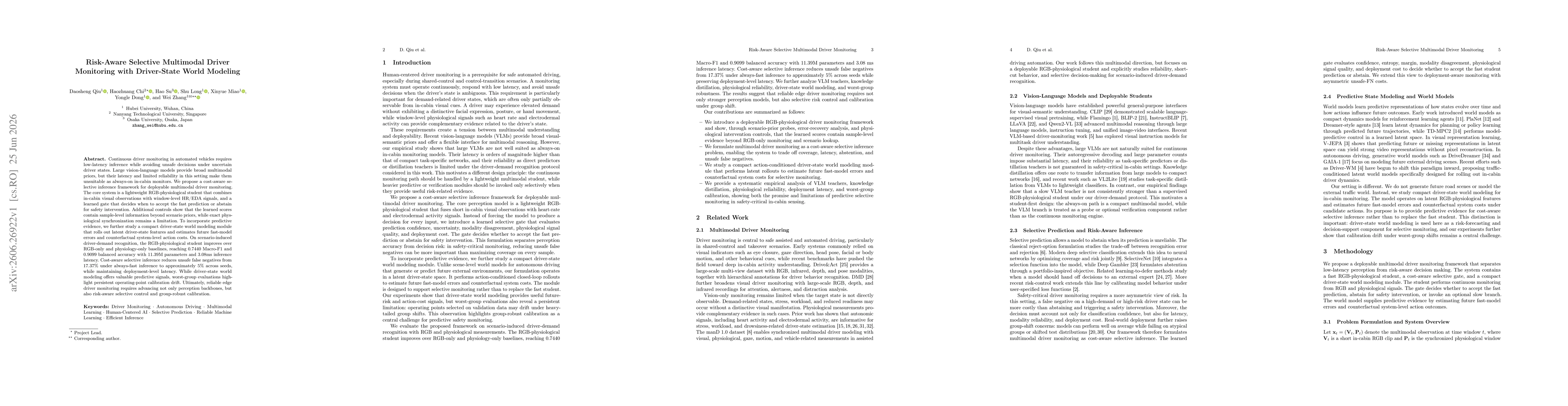 Thumbnail for Risk-Aware Selective Multimodal Driver Monitoring with Driver-State World Modeling