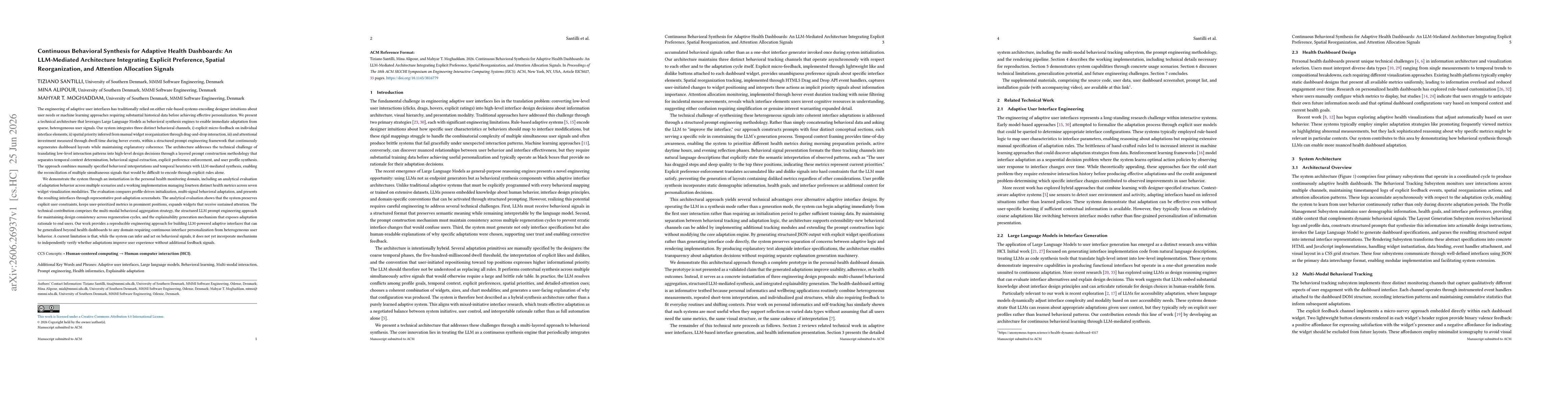 Thumbnail for Continuous Behavioral Synthesis for Adaptive Health Dashboards: An LLM-Mediated Architecture Integrating Explicit Preference, Spatial Reorganization, and Attention Allocation Signals