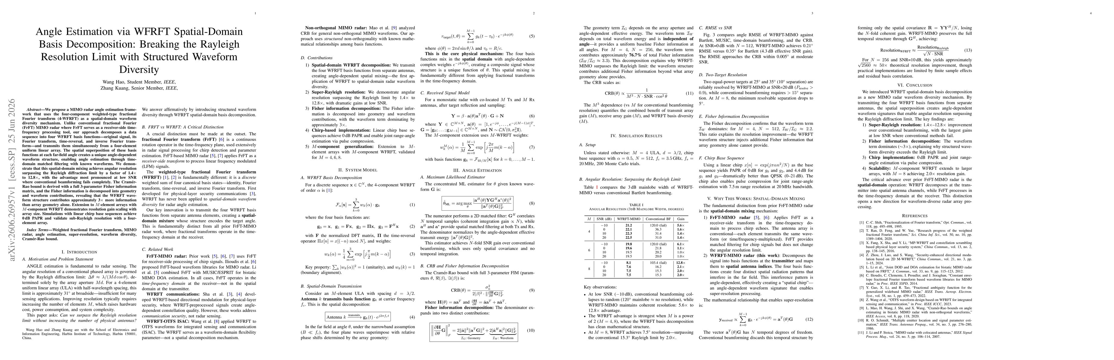 Thumbnail for Angle Estimation via WFRFT Spatial-Domain Basis Decomposition: Breaking the Rayleigh Resolution Limit with Structured Waveform Diversity
