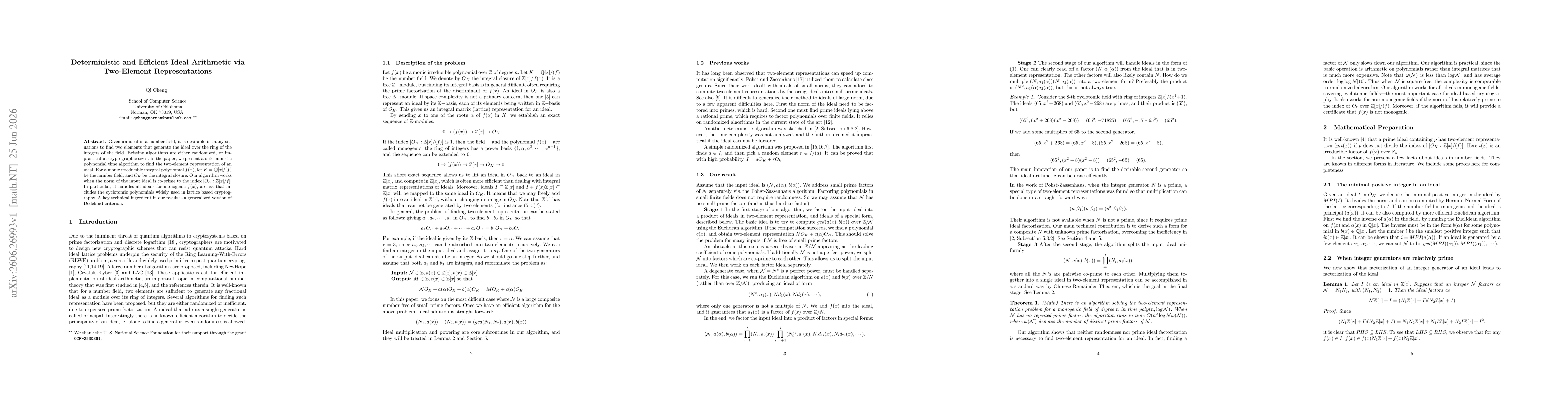 Thumbnail for Deterministic and Efficient Ideal Arithmetic via Two-Element Representations