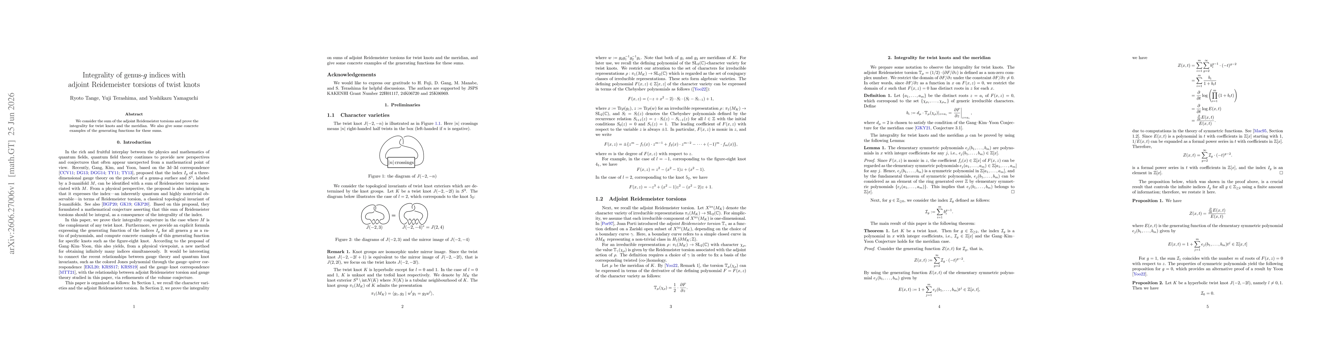 Thumbnail for Integrality of genus-$g$ indices with adjoint Reidemeister torsions of twist knots