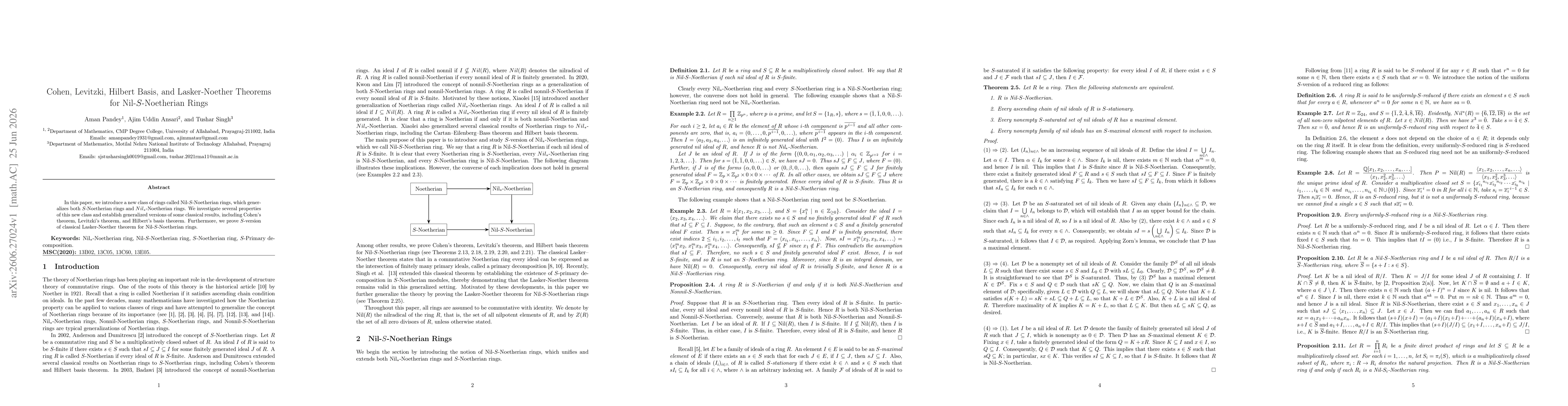 Thumbnail for Cohen, Levitzki, Hilbert Basis, and Lasker-Noether Theorems for Nil-S-Noetherian Rings
