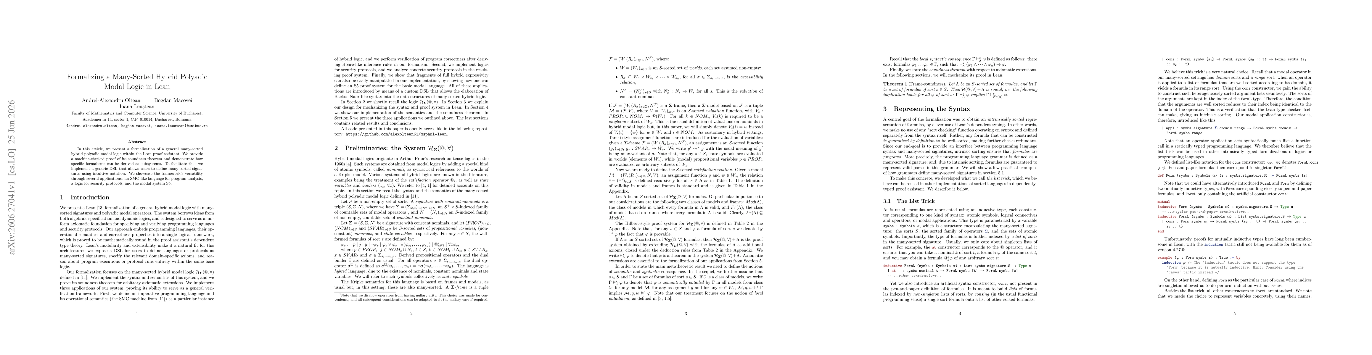 Thumbnail for Formalizing a Many-Sorted Hybrid Polyadic Modal Logic in Lean