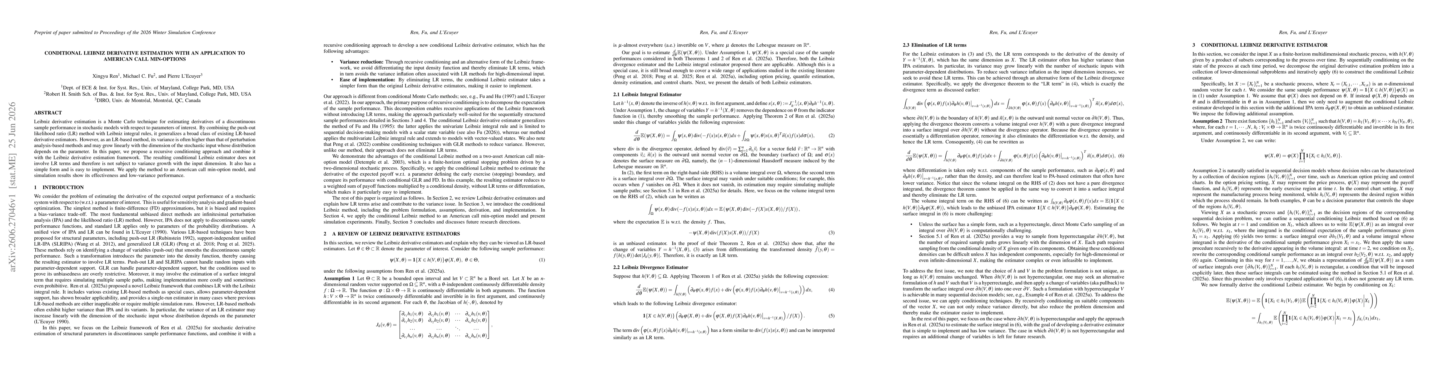Thumbnail for Conditional Leibniz Derivative Estimation with an Application to American Call Min-Options
