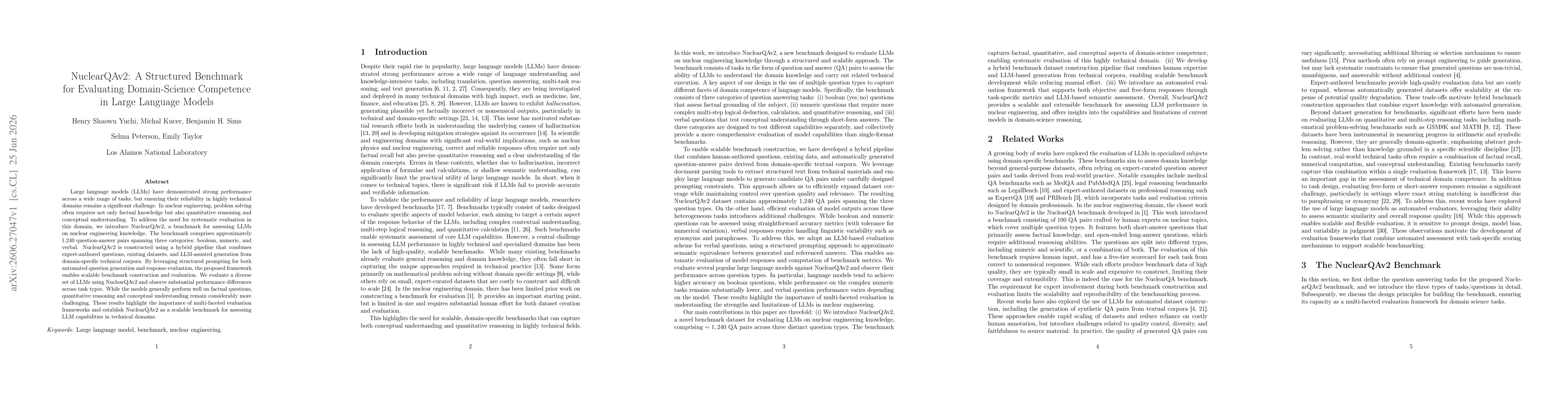 Thumbnail for NuclearQAv2: A Structured Benchmark for Evaluating Domain-Science Competence in Large Language Models