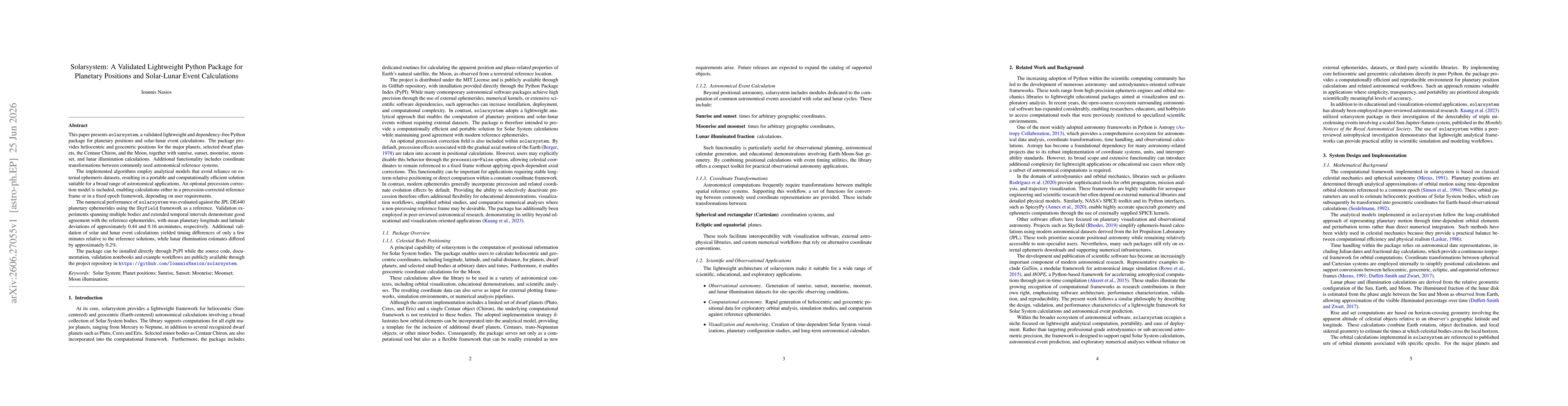 Thumbnail for Solarsystem: A Validated Lightweight Python Package for Planetary Positions and Solar-Lunar Event Calculations