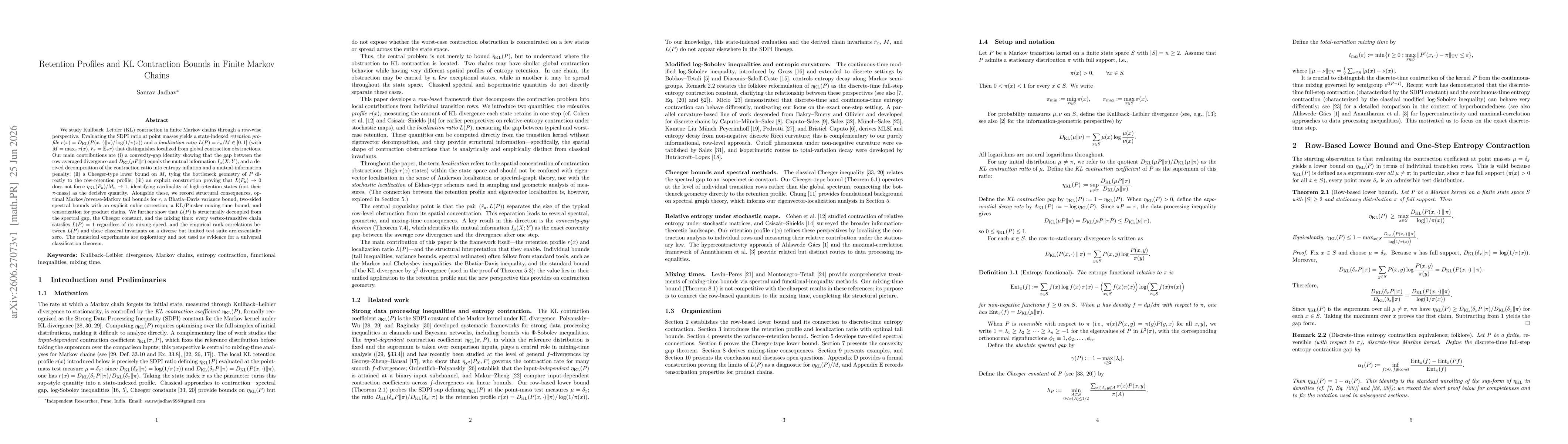 Thumbnail for Retention Profiles and KL Contraction Bounds in Finite Markov Chains