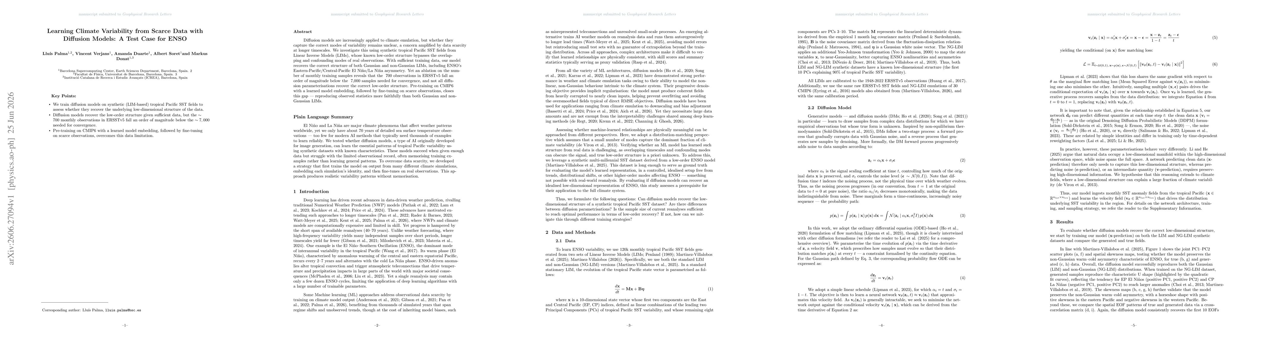 Thumbnail for Learning Climate Variability from Scarce Data with Diffusion Models: A Test Case for ENSO