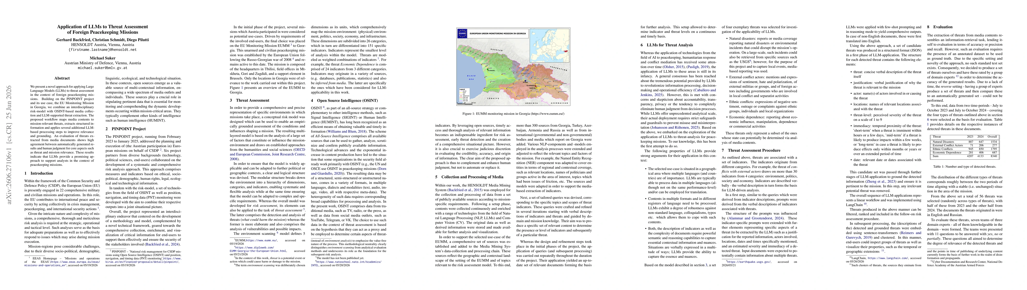 Thumbnail for Application of LLMs to Threat Assessment of Foreign Peacekeeping Missions