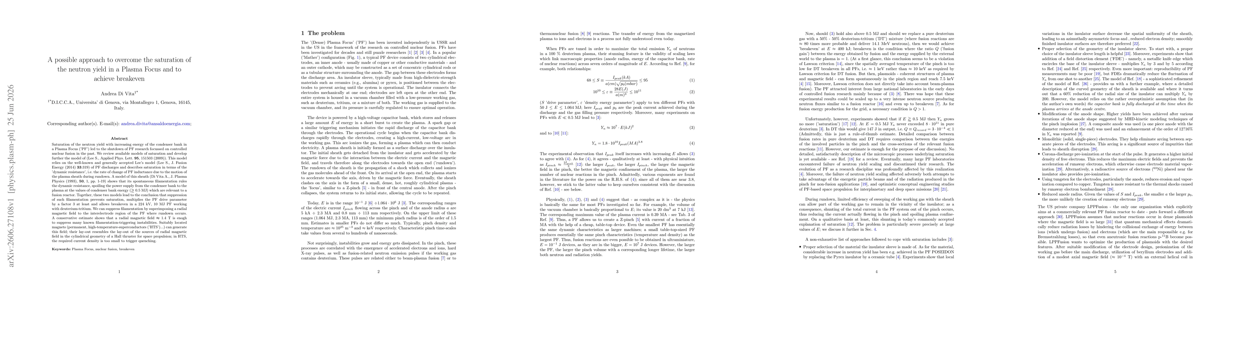 Thumbnail for A possible approach to overcome the saturation of the neutron yield in a Plasma Focus and to achieve breakeven