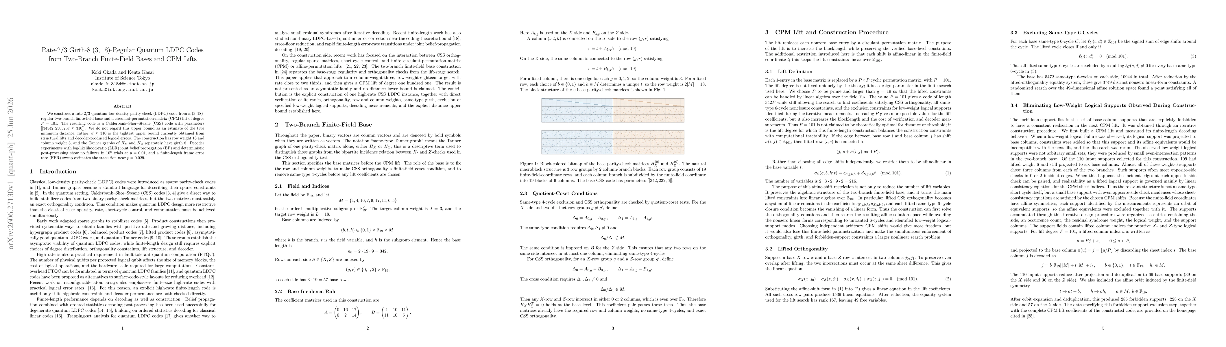 Thumbnail for Rate-2/3 Girth-8 (3,18)-Regular Quantum LDPC Codes from Two-Branch Finite-Field Bases and CPM Lifts