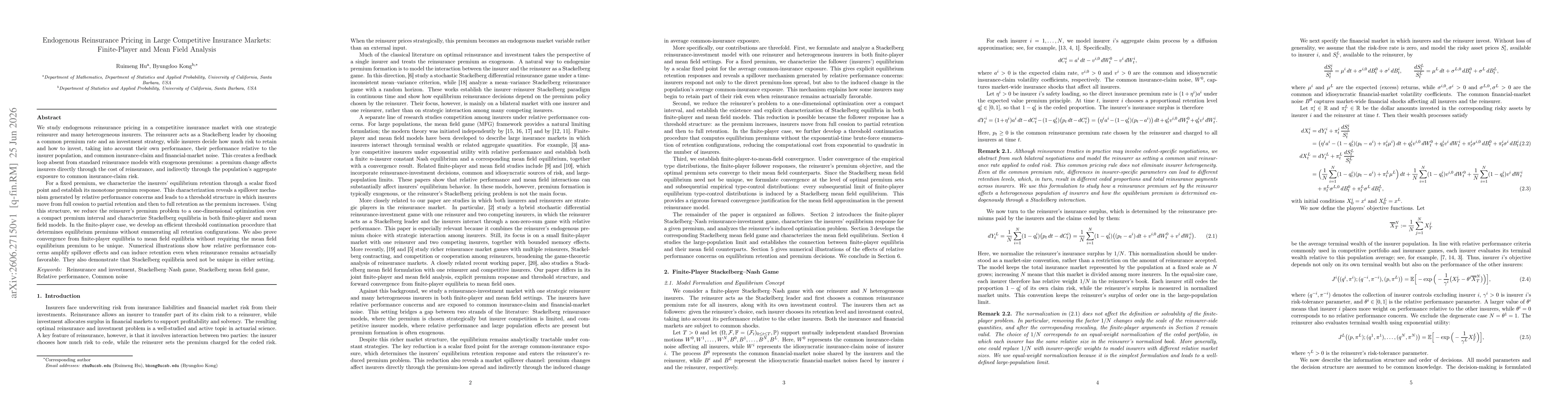 Thumbnail for Endogenous Reinsurance Pricing in Large Competitive Insurance Markets: Finite-Player and Mean Field Analysis