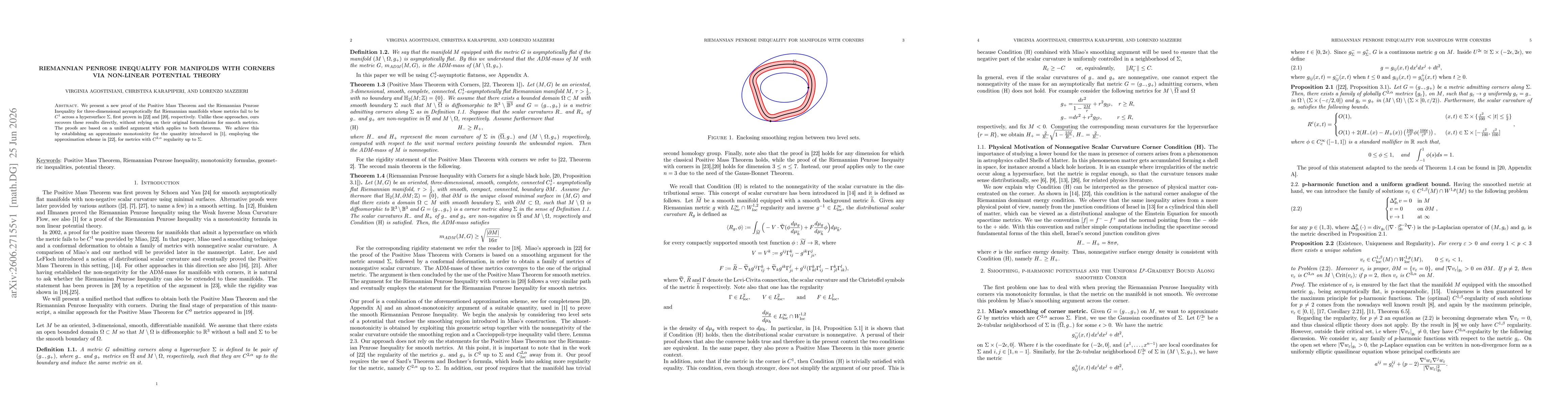 Thumbnail for Riemannian Penrose Inequality for Manifolds with Corners via Non-Linear Potential Theory
