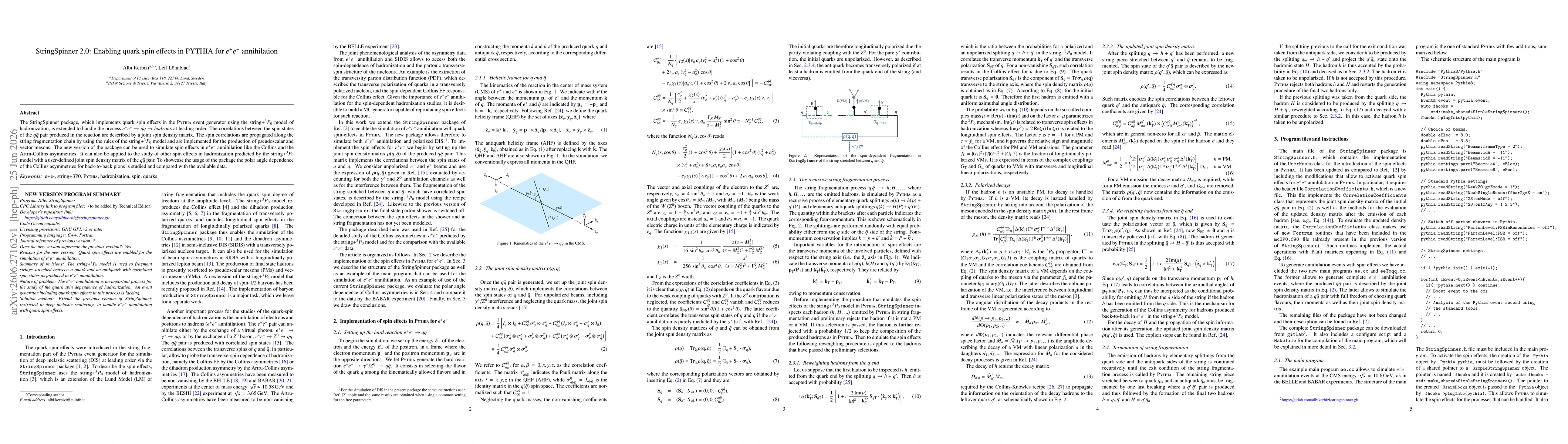 Thumbnail for StringSpinner 2.0: Enabling quark spin effects in PYTHIA for $e^+e^-$ annihilation