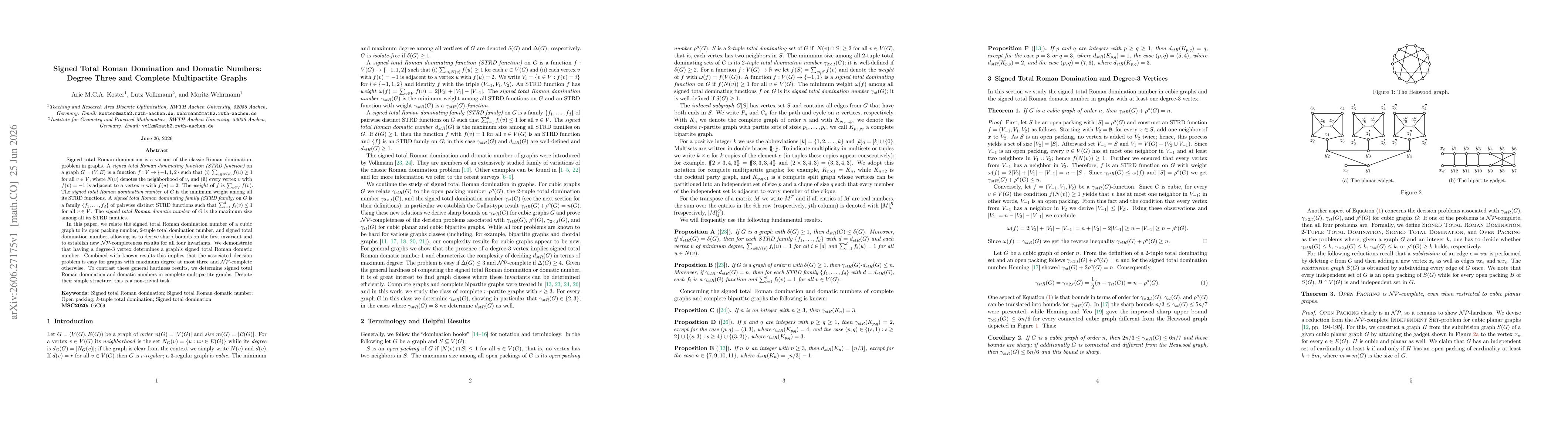 Thumbnail for Signed Total Roman Domination and Domatic Numbers: Degree Three and Complete Multipartite Graphs