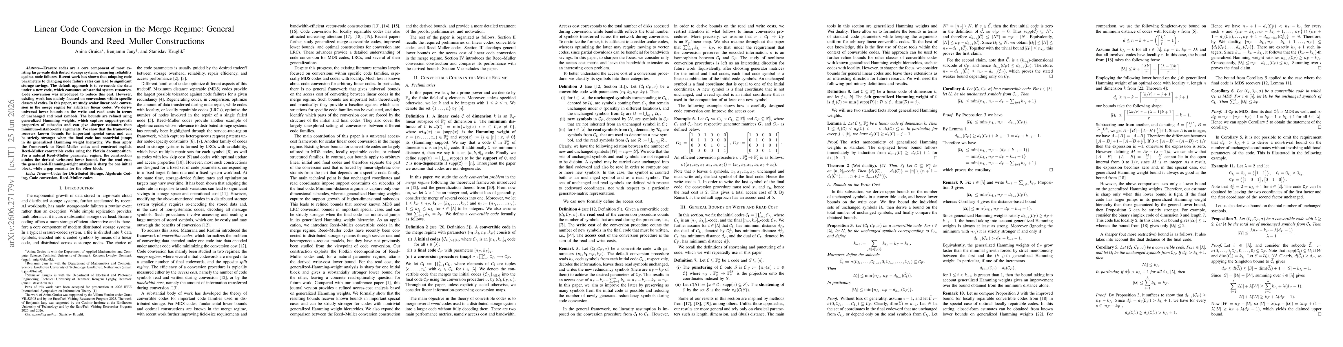 Thumbnail for Linear Code Conversion in the Merge Regime: General Bounds and Reed--Muller Constructions