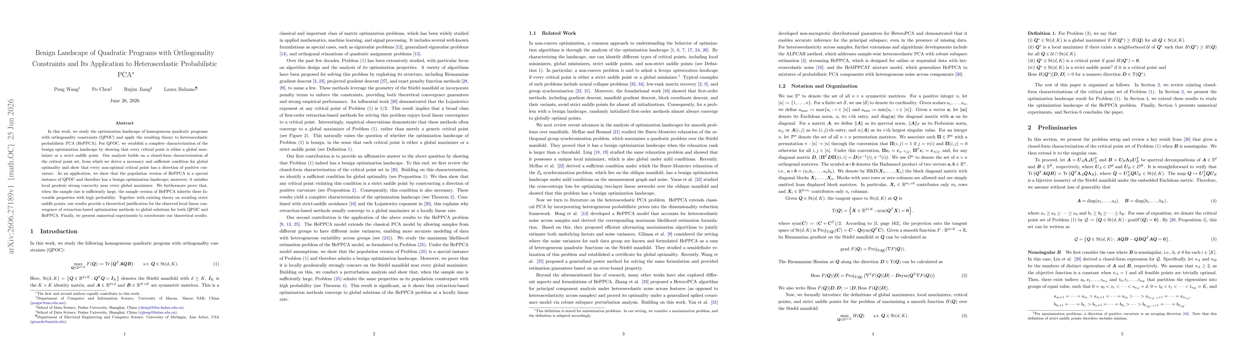 Thumbnail for Benign Landscape of Quadratic Programs with Orthogonality Constraints and Its Application to Heteroscedastic Probabilistic PCA