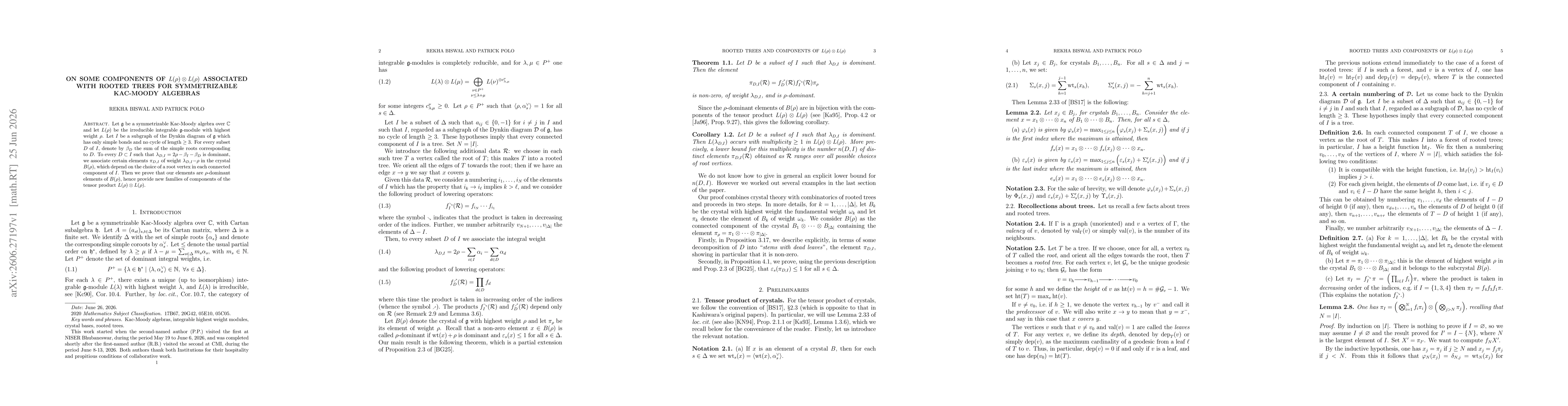 Thumbnail for On some components of $L(ρ)\otimes L(ρ)$ associated with rooted trees for symmetrizable Kac-Moody algebras