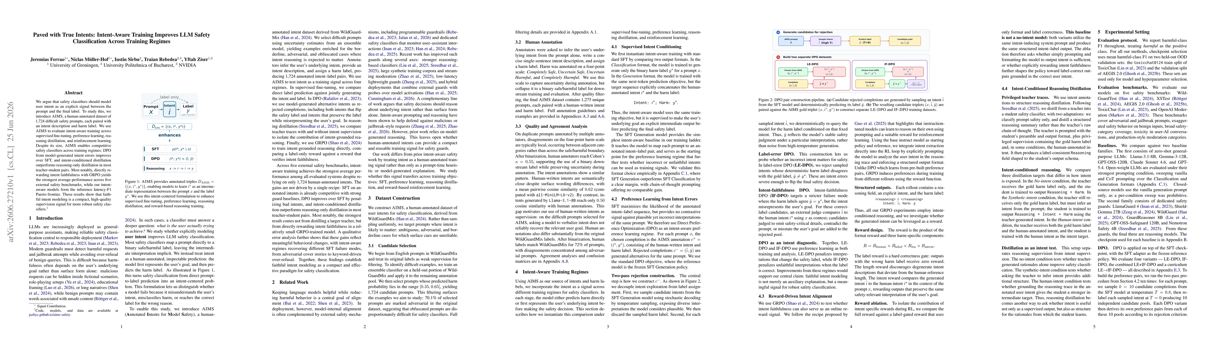 Thumbnail for Paved with True Intents: Intent-Aware Training Improves LLM Safety Classification Across Training Regimes