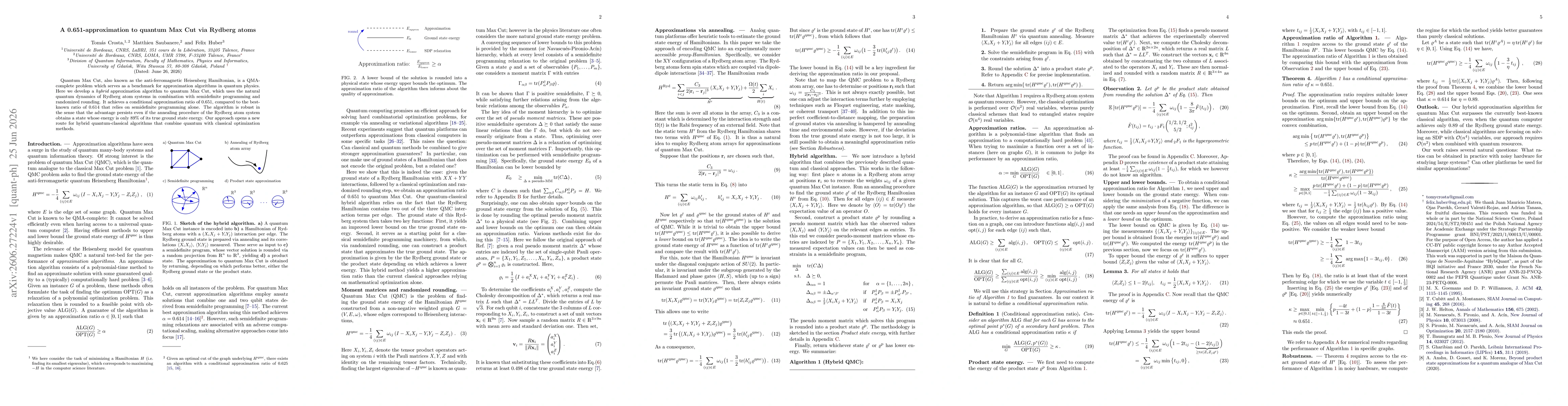 Thumbnail for A 0.651-approximation to quantum Max Cut via Rydberg atoms
