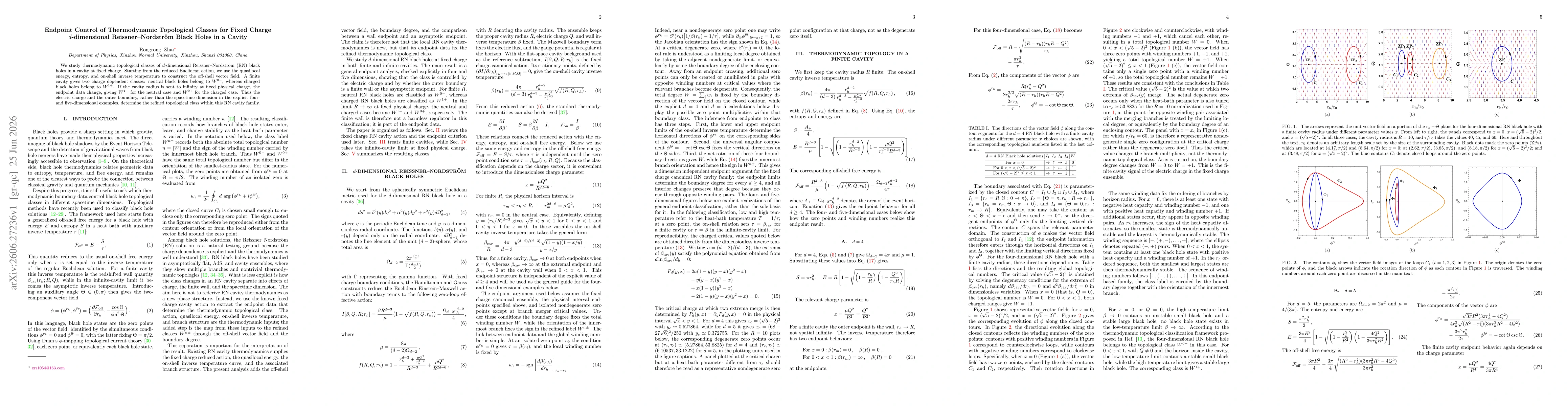 Thumbnail for Endpoint Control of Thermodynamic Topological Classes for Fixed Charge \texorpdfstring{$d$}{d}-dimensional Reissner--Nordström Black Holes in a Cavity