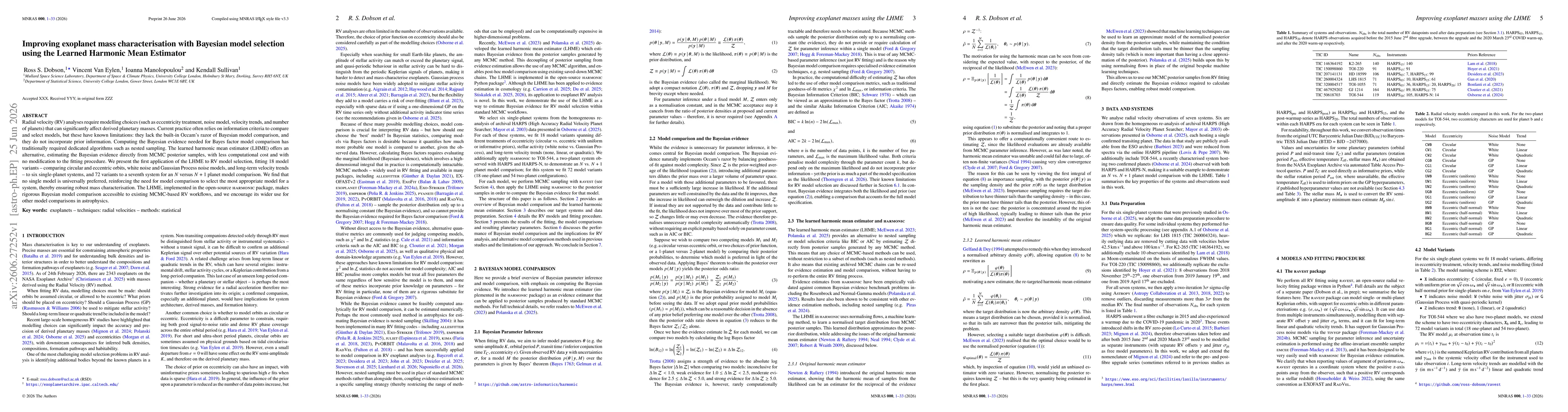 Thumbnail for Improving exoplanet mass characterisation with Bayesian model selection using the Learned Harmonic Mean Estimator