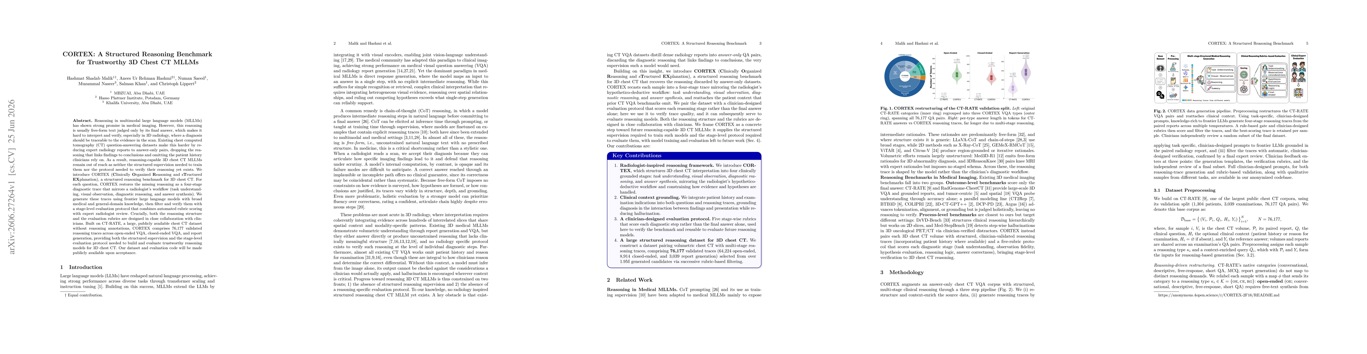 Thumbnail for CORTEX: A Structured Reasoning Benchmark for Trustworthy 3D Chest CT MLLMs
