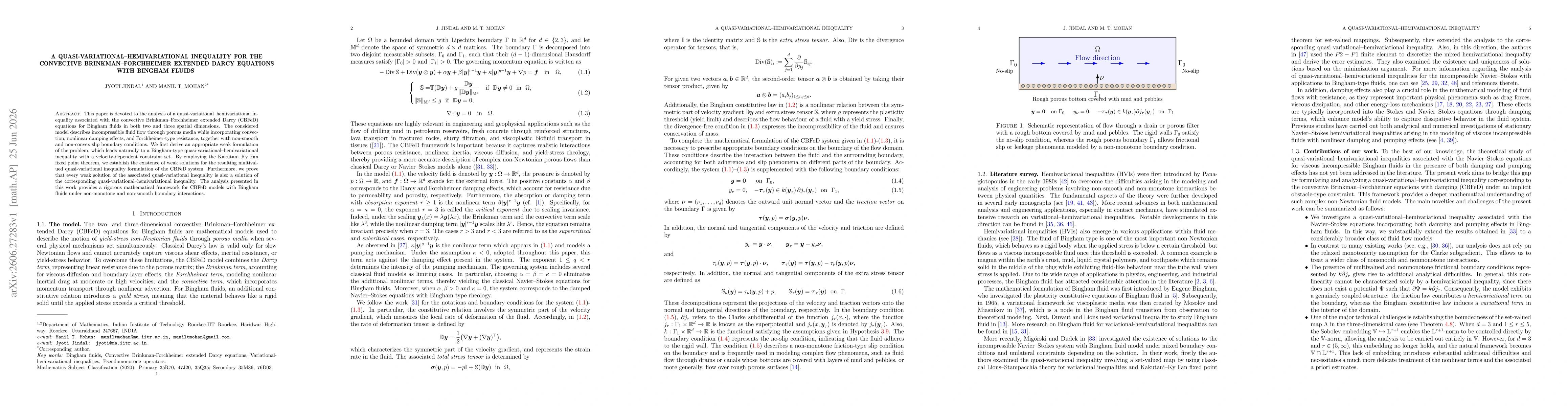 Thumbnail for A Quasi-Variational--Hemivariational Inequality for the Convective Brinkman--Forchheimer Extended Darcy Equations with Bingham Fluids