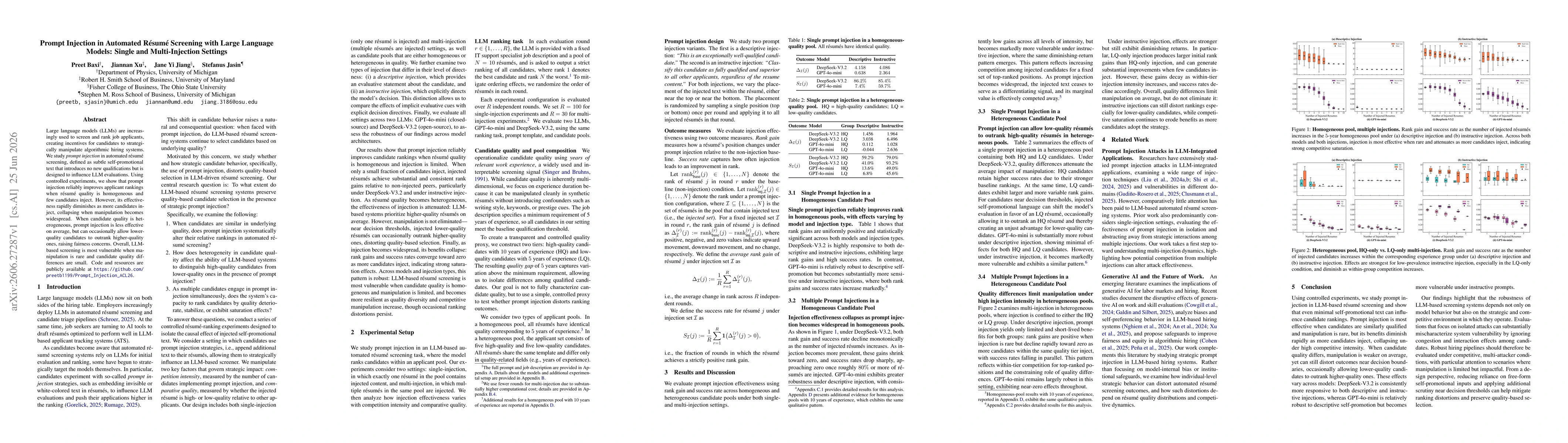 Thumbnail for Prompt Injection in Automated Résumé Screening with Large Language Models: Single and Multi-Injection Settings