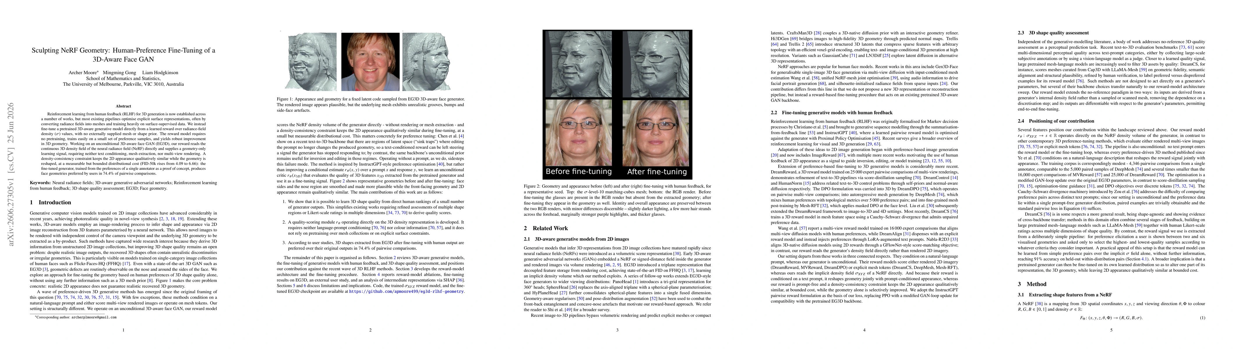 Thumbnail for Sculpting NeRF Geometry: Human-Preference Fine-Tuning of a 3D-Aware Face GAN