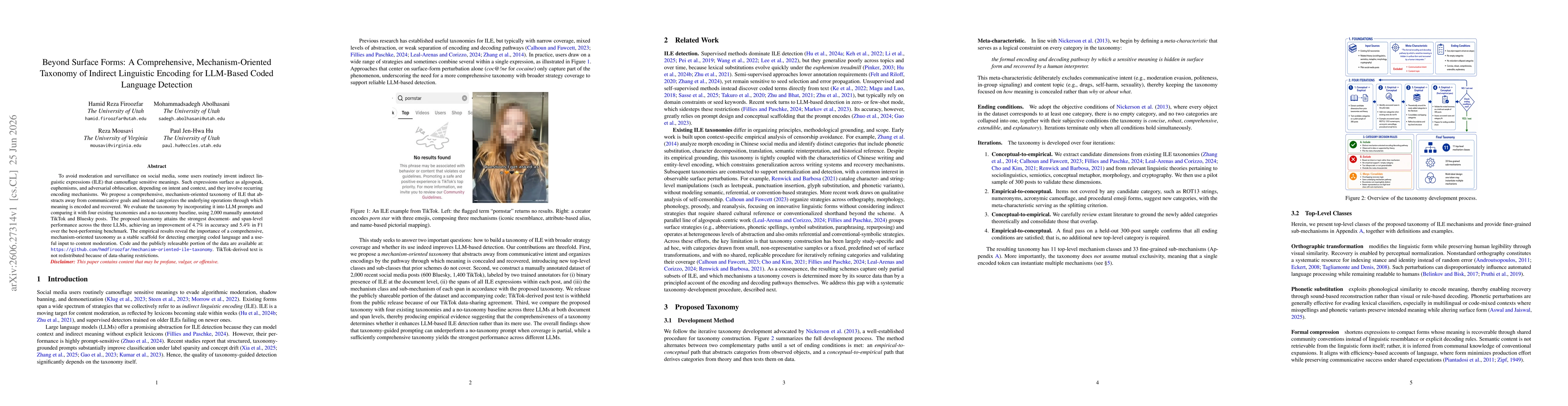Thumbnail for Beyond Surface Forms: A Comprehensive, Mechanism-Oriented Taxonomy of Indirect Linguistic Encoding for LLM-Based Coded Language Detection
