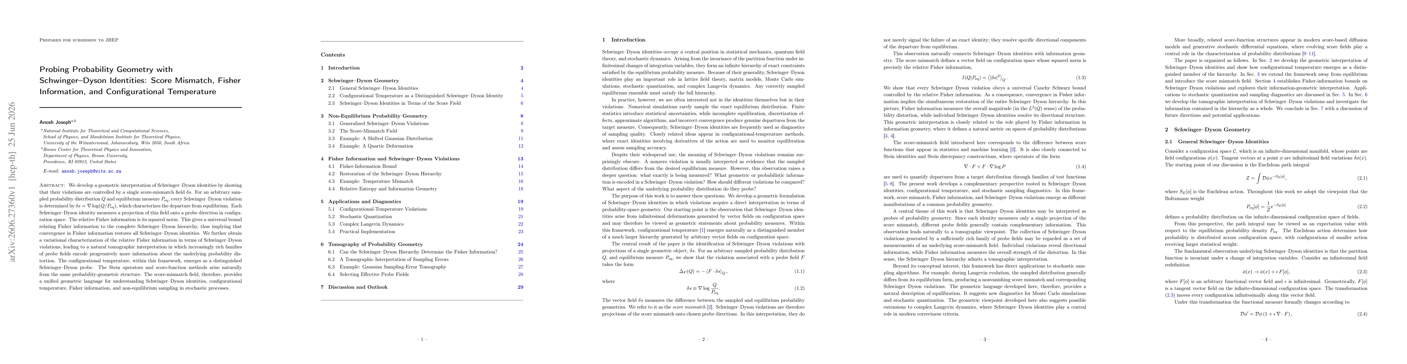 Thumbnail for Probing Probability Geometry with Schwinger--Dyson Identities: Score Mismatch, Fisher Information, and Configurational Temperature
