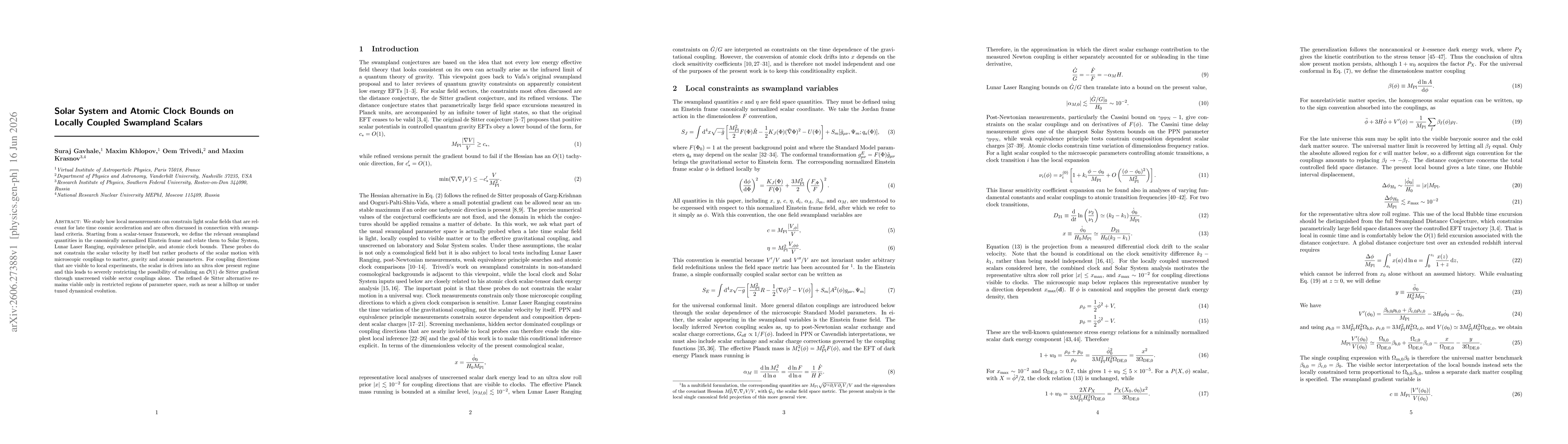 Thumbnail for Solar System and Atomic Clock Bounds on Locally Coupled Swampland Scalars