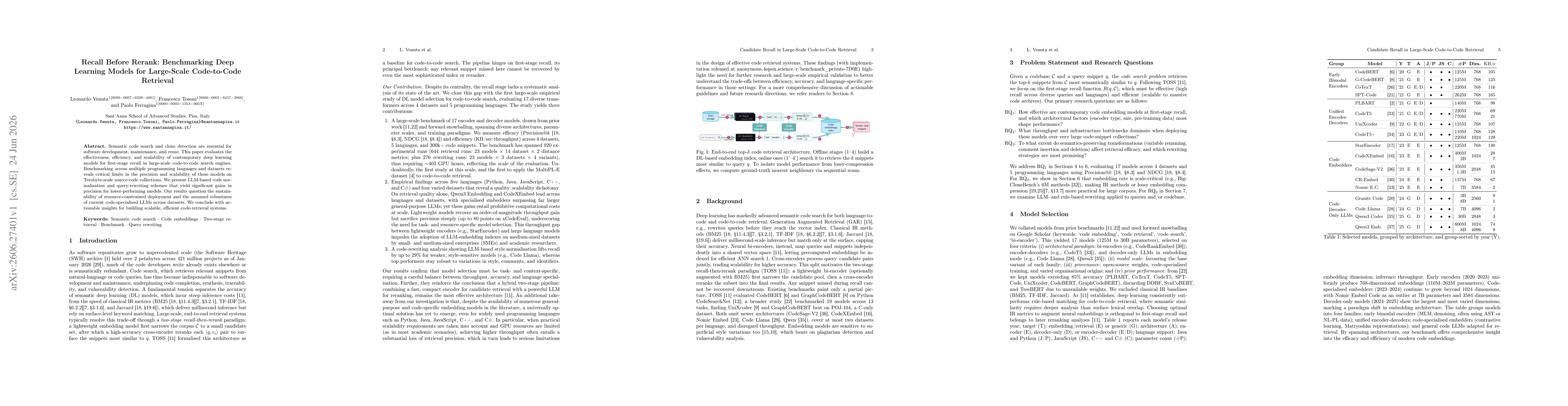 Thumbnail for Recall Before Rerank: Benchmarking Deep Learning Models for Large-Scale Code-to-Code Retrieval