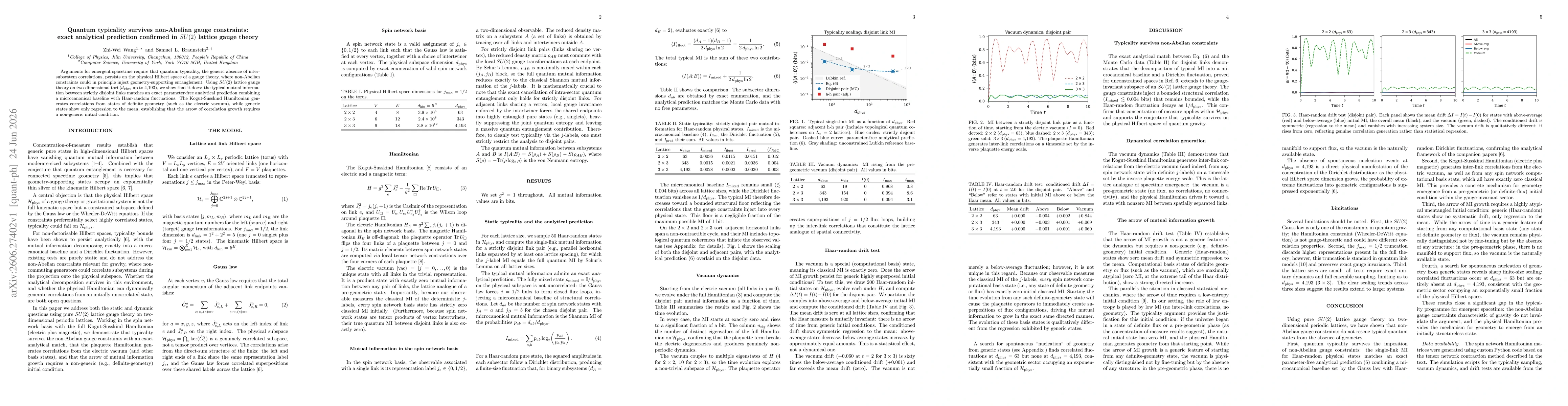 Thumbnail for Quantum typicality survives non-Abelian gauge constraints: exact analytical prediction confirmed in $SU(2)$ lattice gauge theory