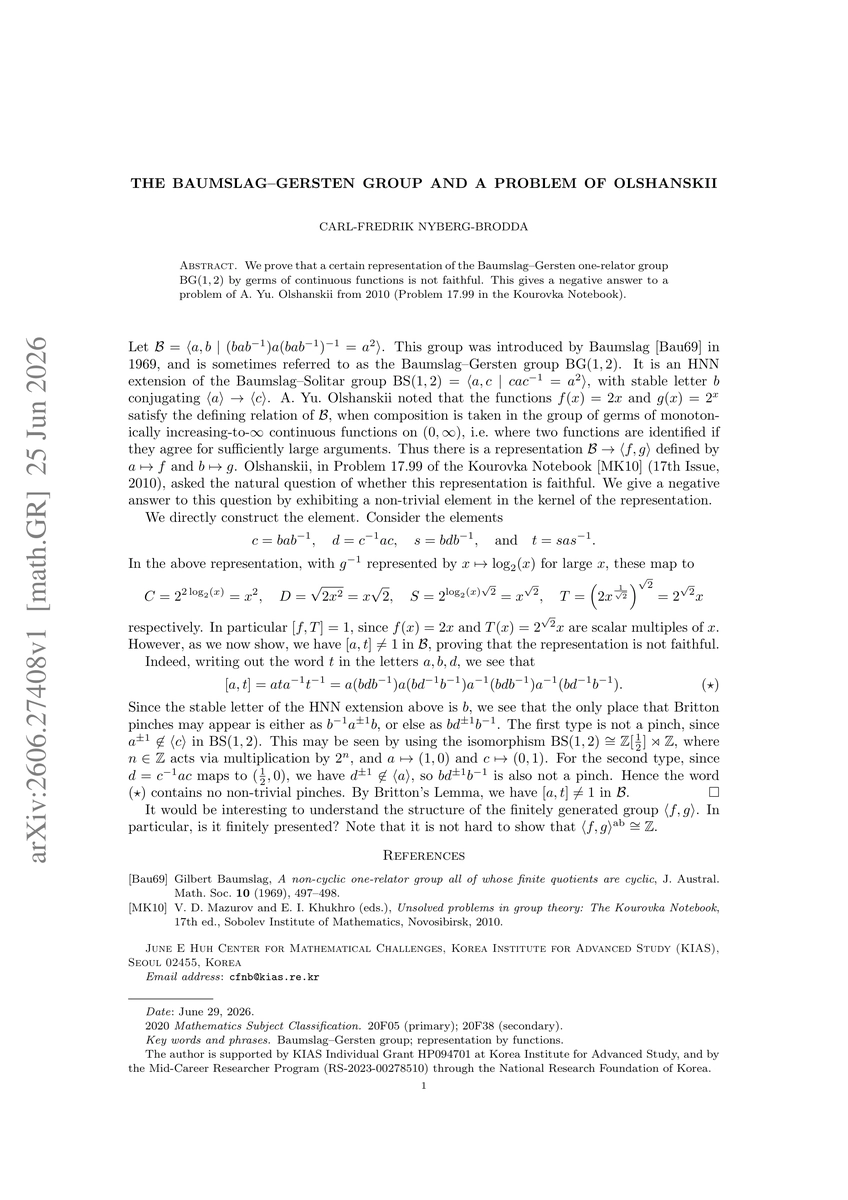 Thumbnail for The Baumslag-Gersten group and a problem of Olshanskii
