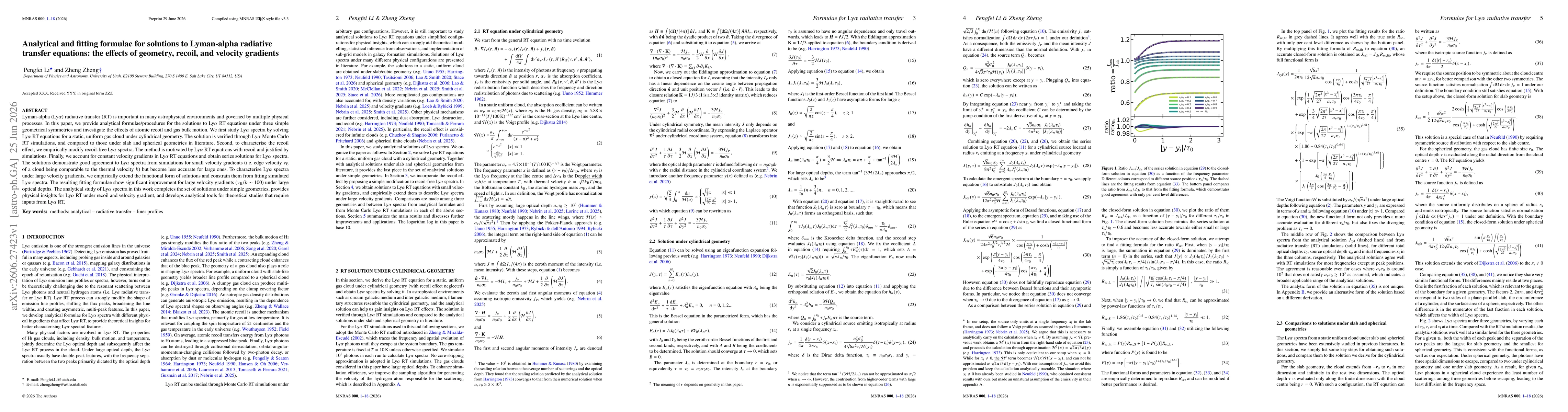 Thumbnail for Analytical and fitting formulae for solutions to Lyman-alpha radiative transfer equations: the effects of geometry, recoil, and velocity gradients