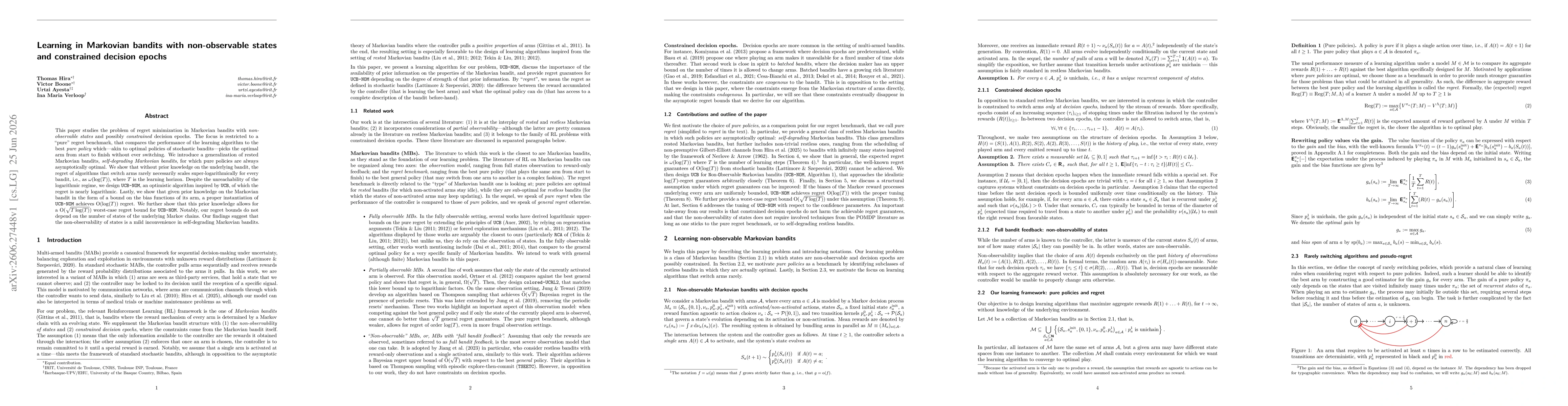 Thumbnail for Learning in Markovian bandits with non-observable states and constrained decision epochs