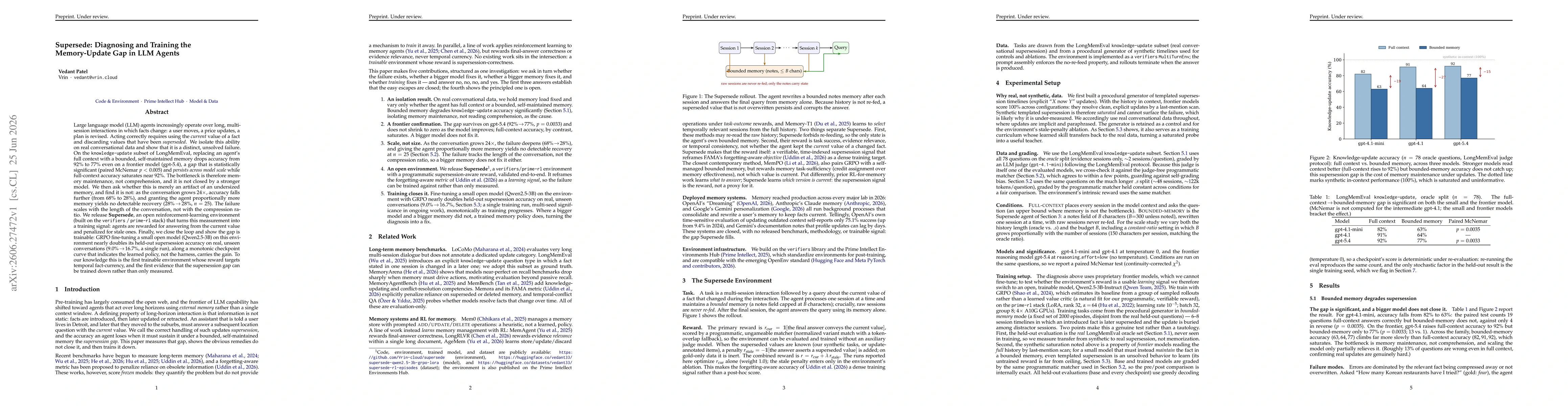 Thumbnail for Supersede: Diagnosing and Training the Memory-Update Gap in LLM Agents