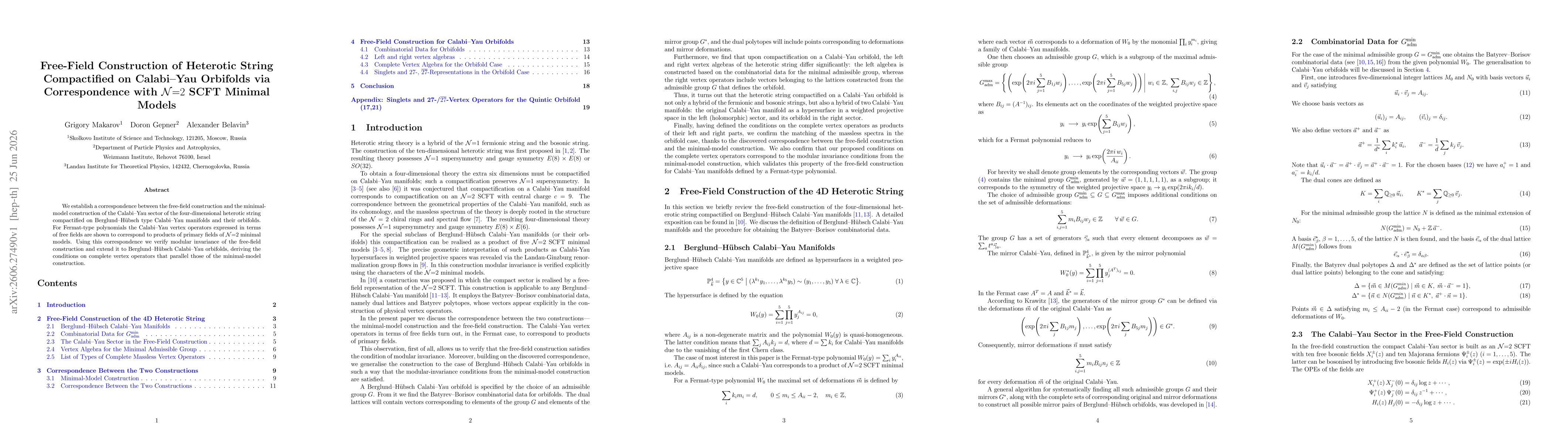 Thumbnail for Free-Field Construction of Heterotic String Compactified on Calabi-Yau Orbifolds via Correspondence with $\mathcal{N}{=}2$ SCFT Minimal Models