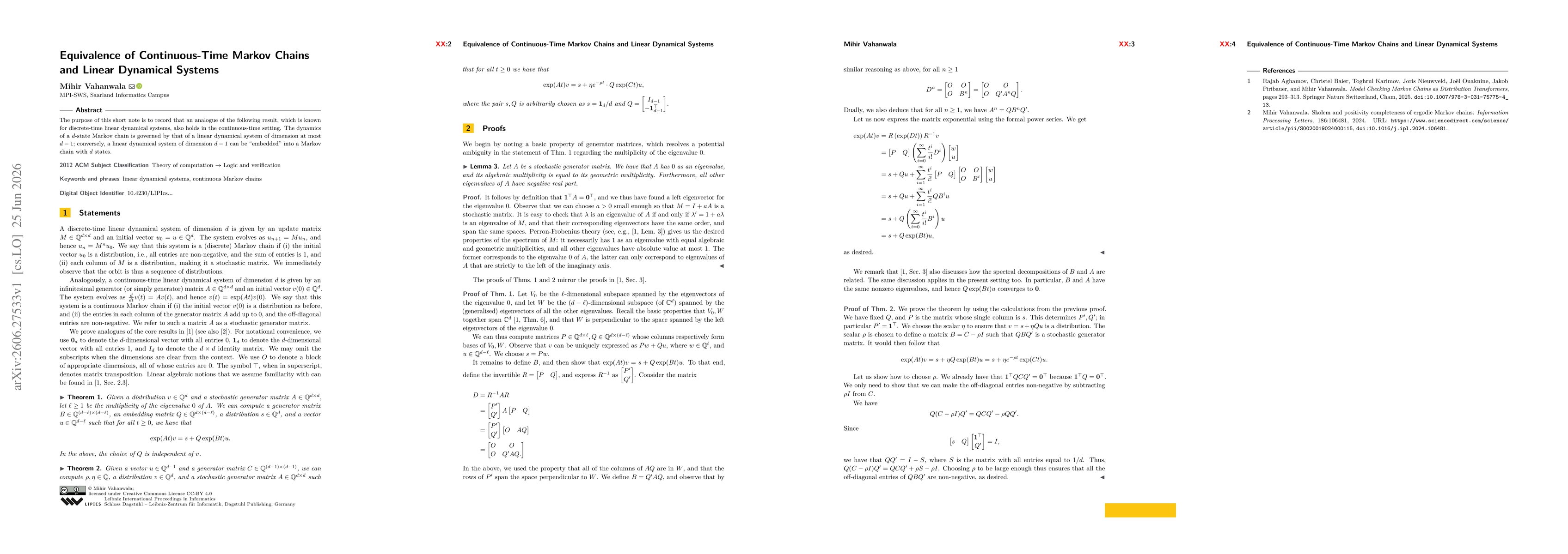 Thumbnail for Equivalence of Continuous-Time Markov Chains and Linear Dynamical Systems