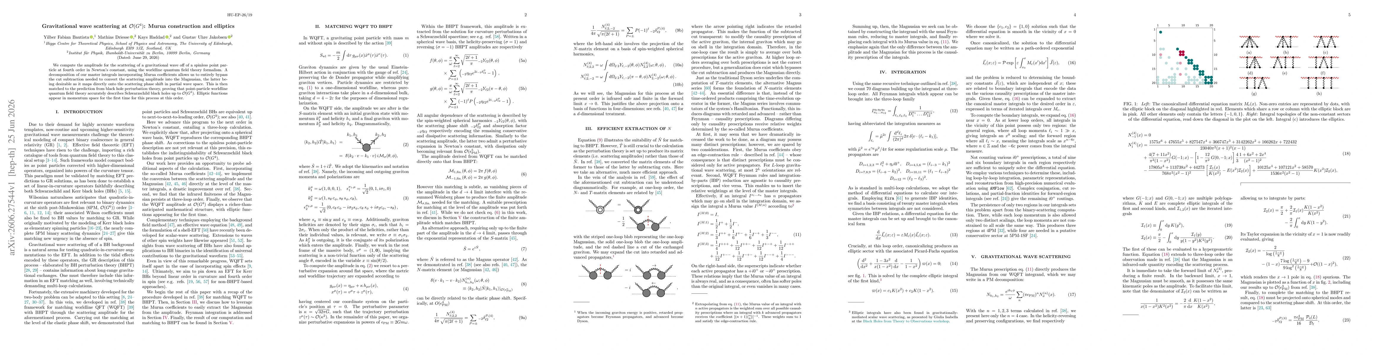 Thumbnail for Gravitational wave scattering at $\mathcal{O}(G^4)$: Murua construction and elliptics
