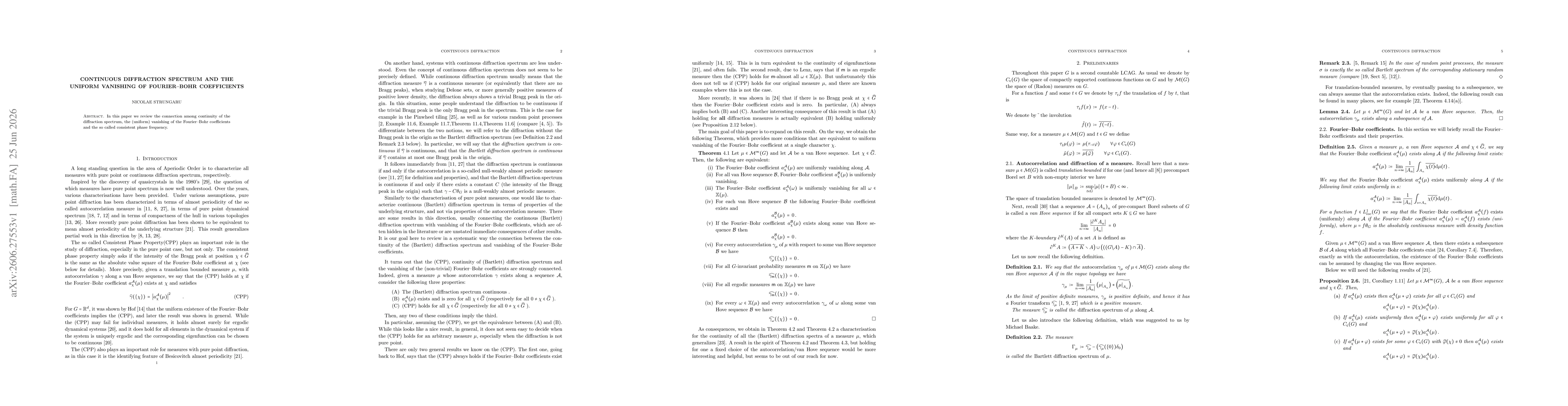 Thumbnail for Continuous diffraction spectrum and the uniform vanishing of Fourier--Bohr coefficients